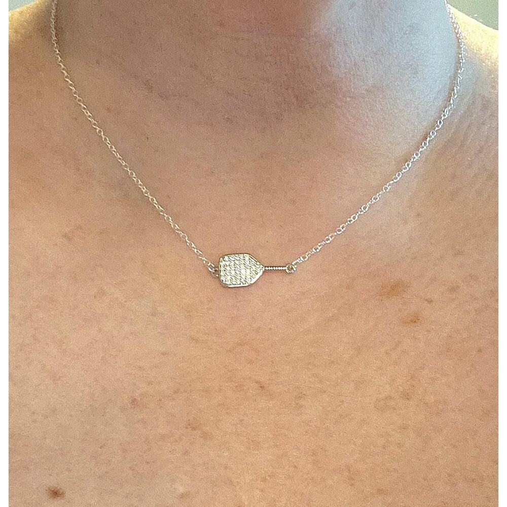 Pickleball Necklace Pendant CZ Pave Racket Adjustable Silver Chain Dainty Unique